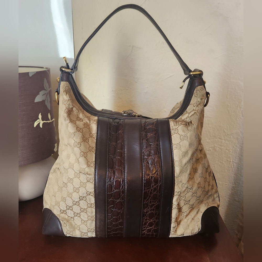 Gucci Beige Canvas Brown Leather Crocodile Secret Hobo